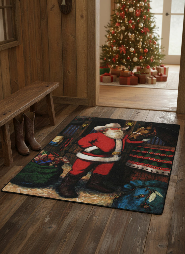 Santa Claus rug in a cowboy outfit standing next to a horse in a rustic barn setting.