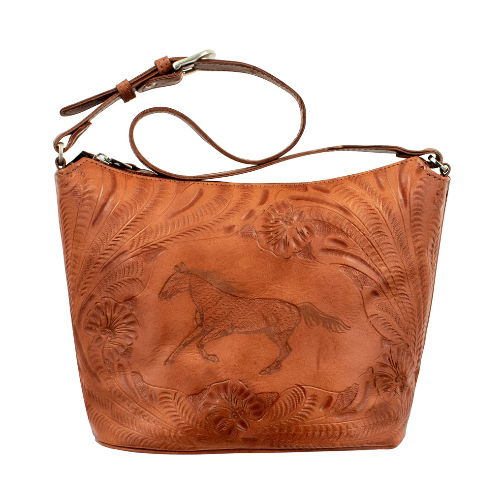 Brown leather handbag with horse and floral embossing on a white background
