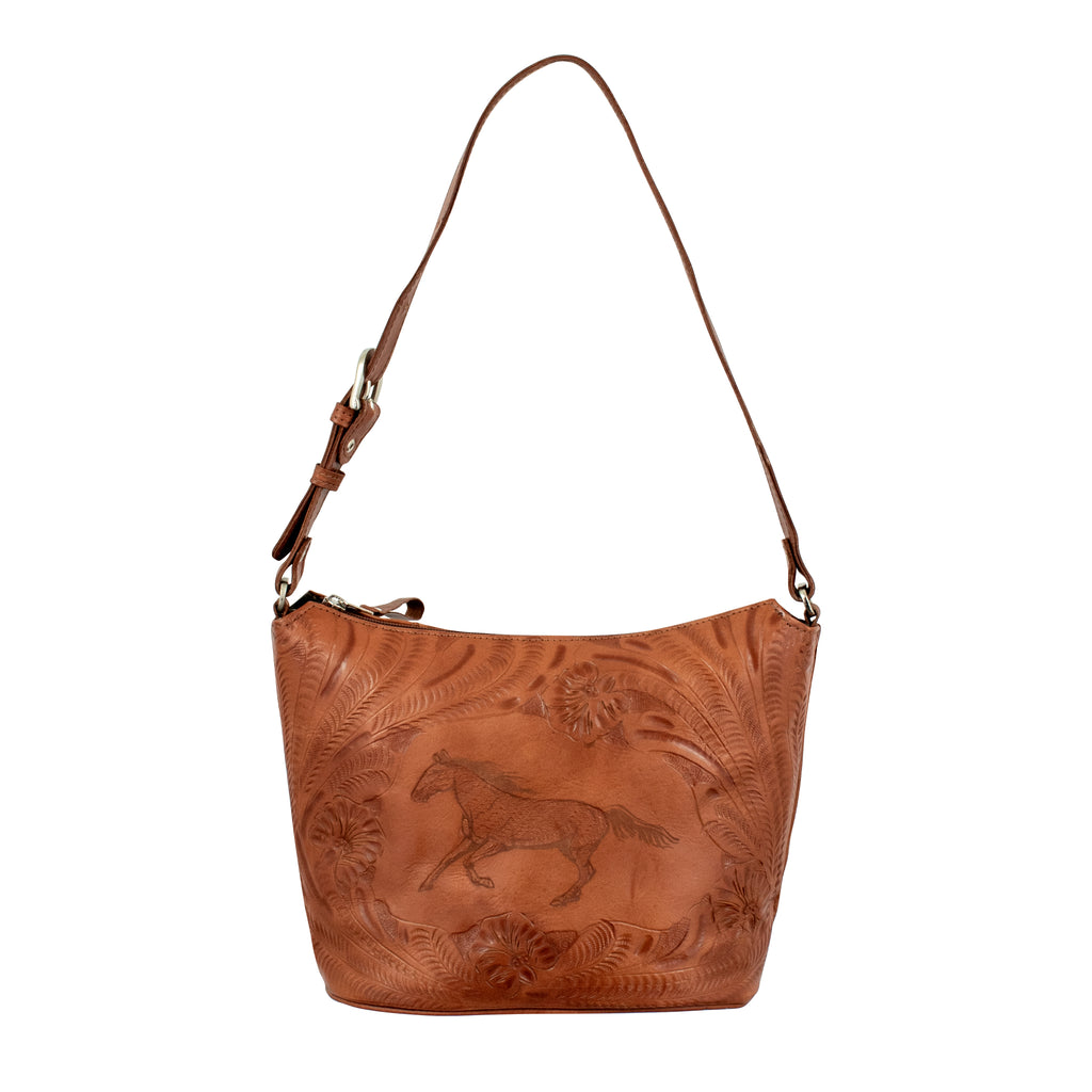 Brown leather handbag with horse embossing on a white background