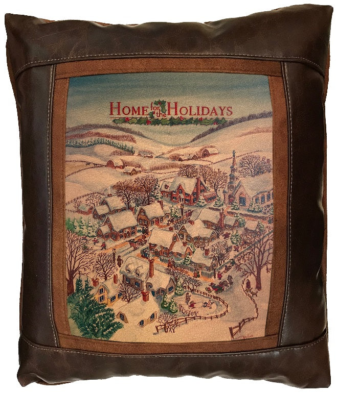 Decorative pillow with winter village scene and 'Home for the Holidays' text with a brown border.
