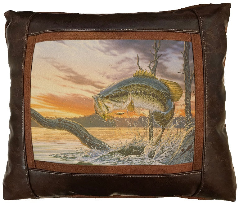 Decorative pillow with a fish jumping out water with sunrise background and finished with a brown border