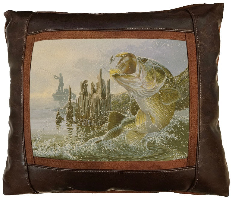 Decorative pillow with a fish and landscape design with a brown leather border