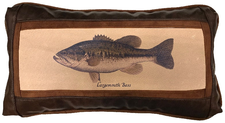 Pillow with a largemouth bass illustration on a beige background and brown leather border.