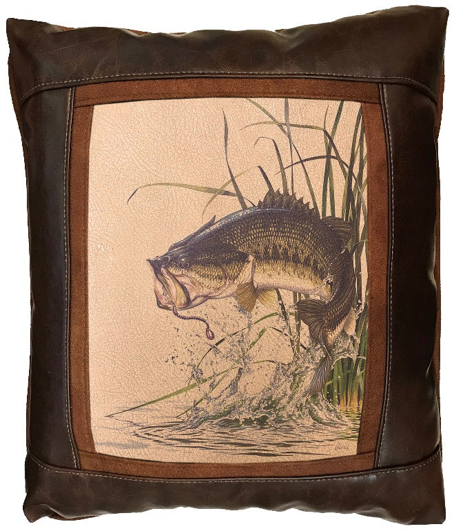 Decorative pillow with a fish and grass design with a brown leather border