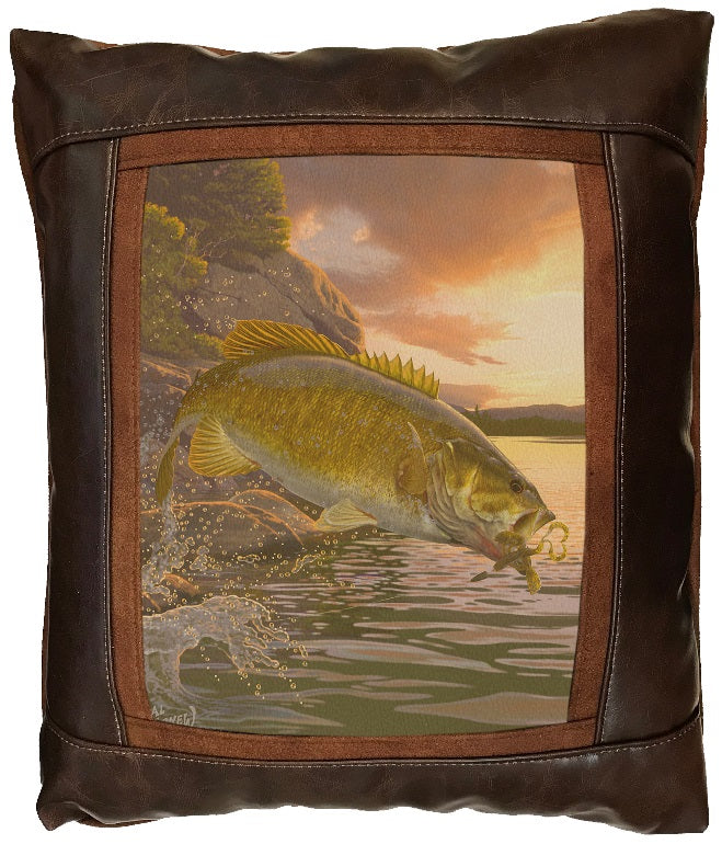 Decorative pillow with a fish and nature scene with brown leather border