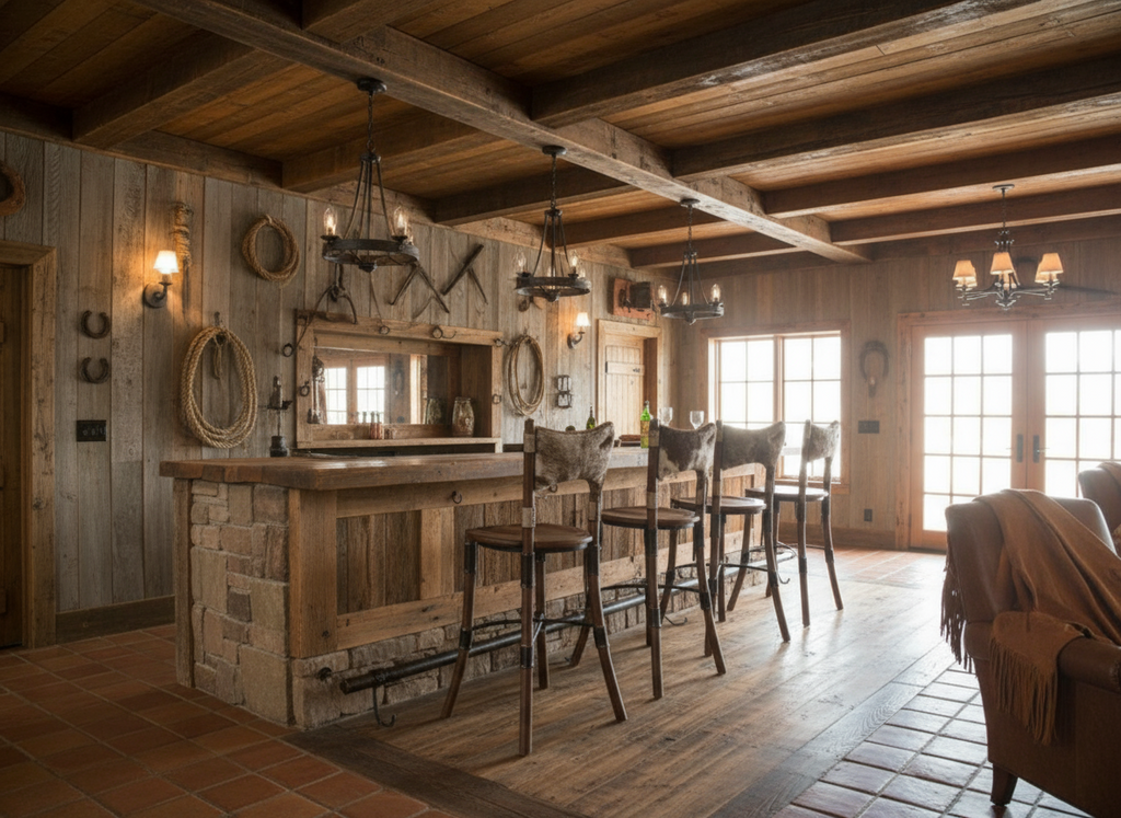 Wooden interior with bar area and seating