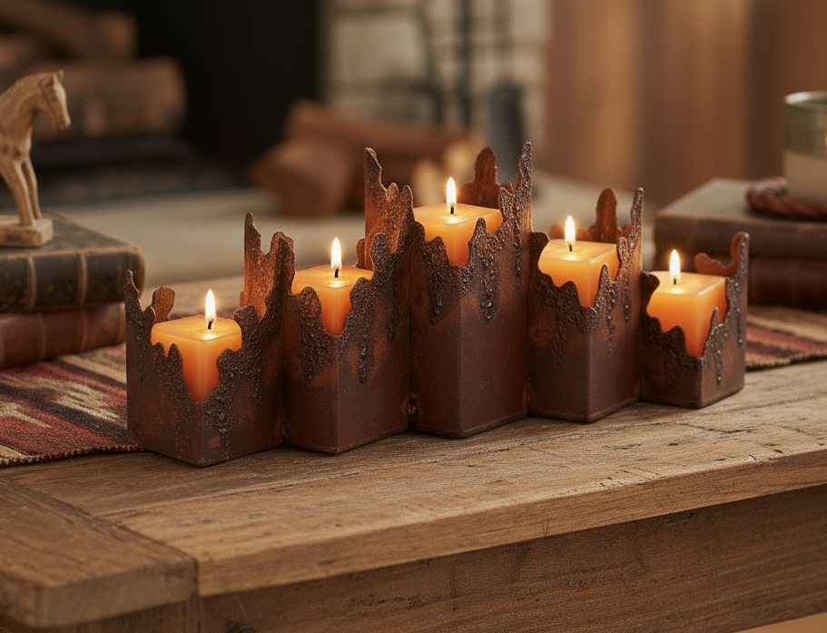 Decorative candle holder with four orange candles on a white background