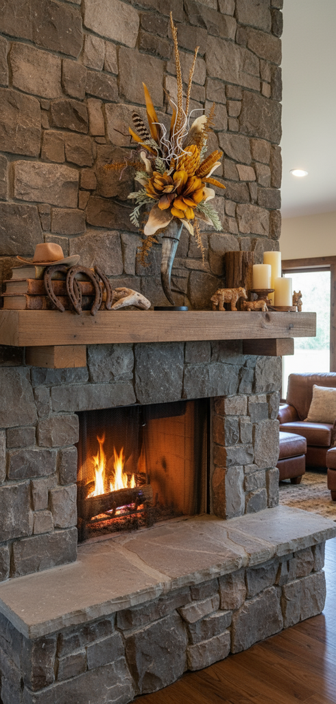 Stone fireplace with a roaring fire, decorative elements, and a cozy living room setting.
