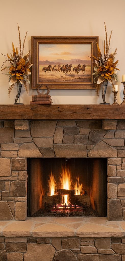 Stone fireplace with a painting of horses above it, flanked by decorative elements.