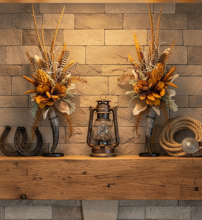 Decorative shelf with lantern, flowers, and other items against a stone wall.