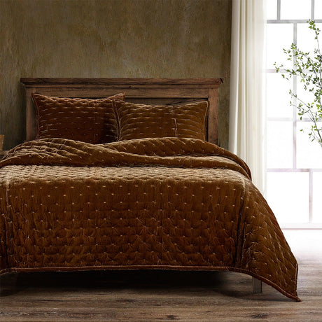 Stella Copper Brown Faux Silk Velvet Quilt Set | Western Passion