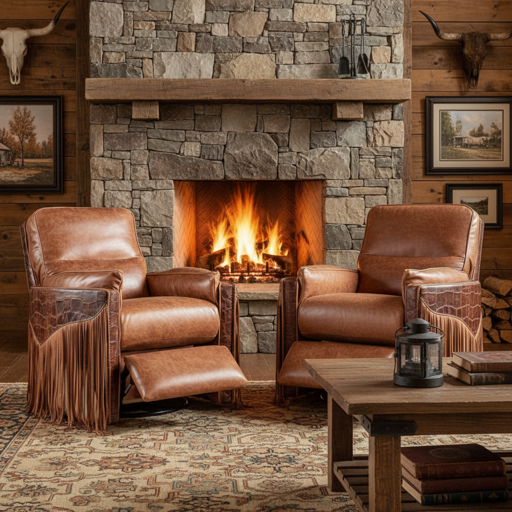 Heritage Ranch Saddlehorn Embossed Leather, Fringe & Hide Recliner