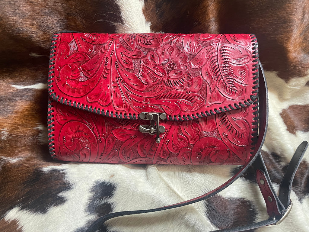 Tooled leather crossbody bag sale