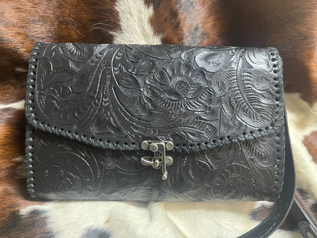 Juan Antonio Black Tooled Leather Crossbody Bag Western Passion