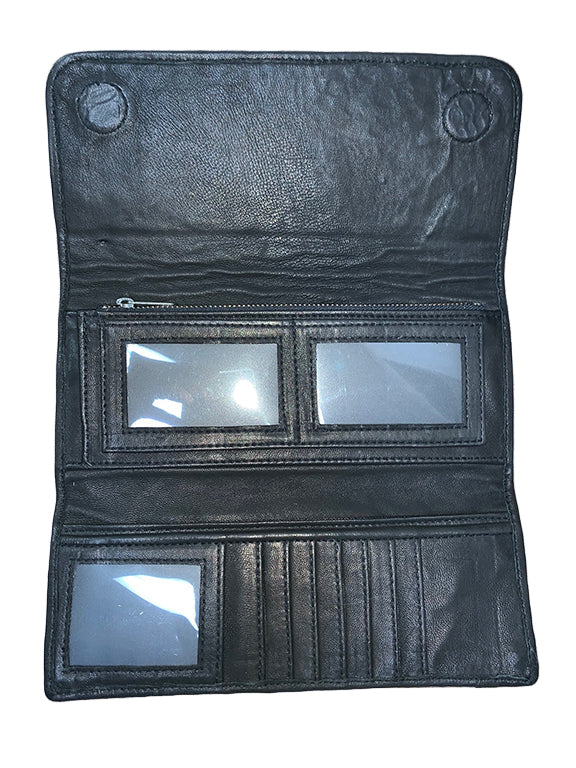 Black leather wallet with multiple card slots on white surface