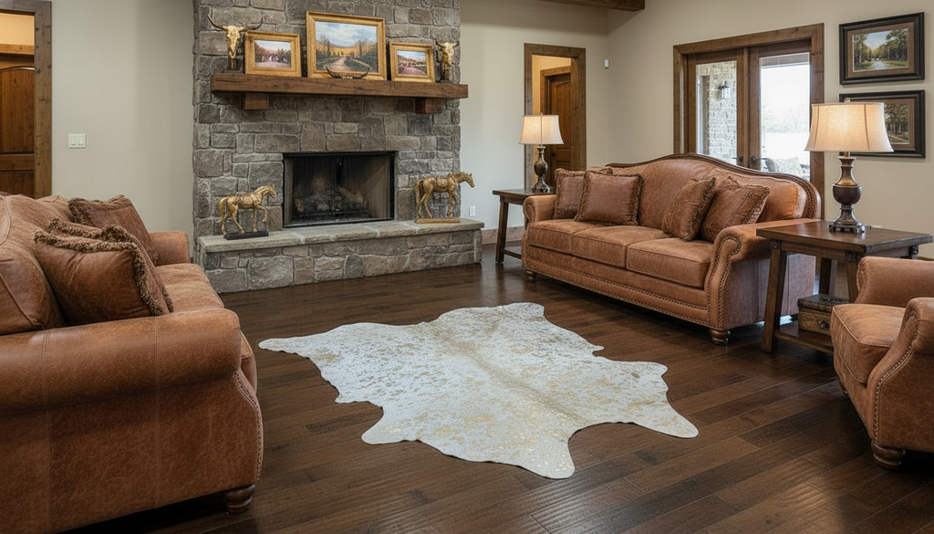 Living room with brown leather furniture, stone fireplace, and decorative items.