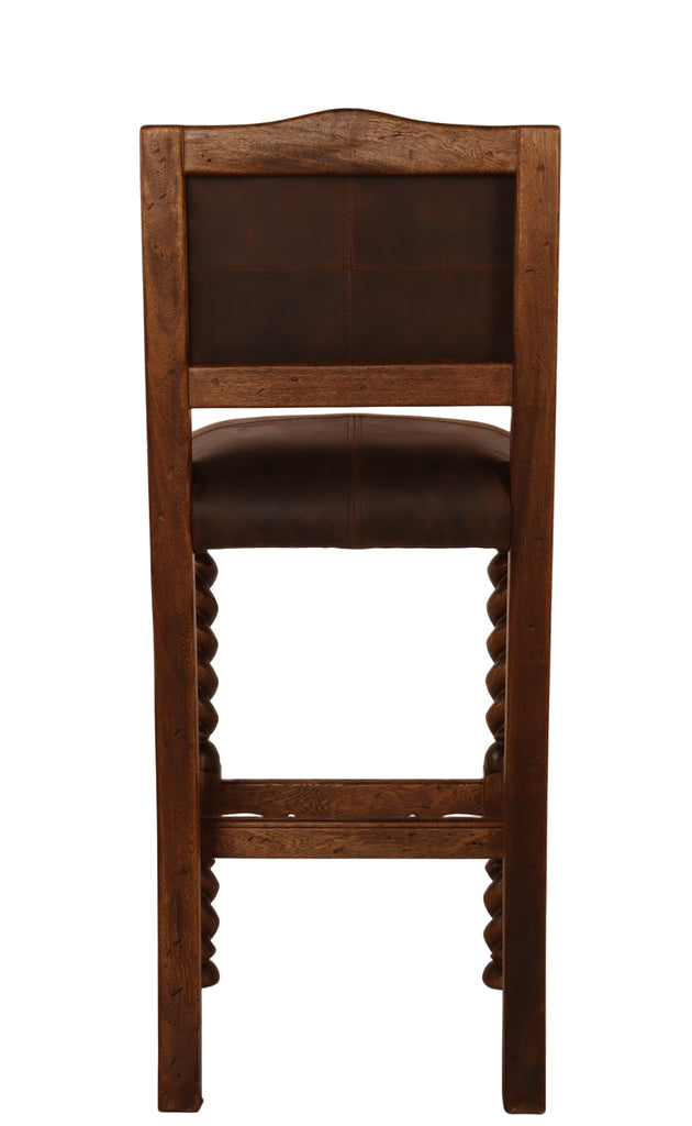 Wooden bar stool with brown cushioned seat and backrest on a white background