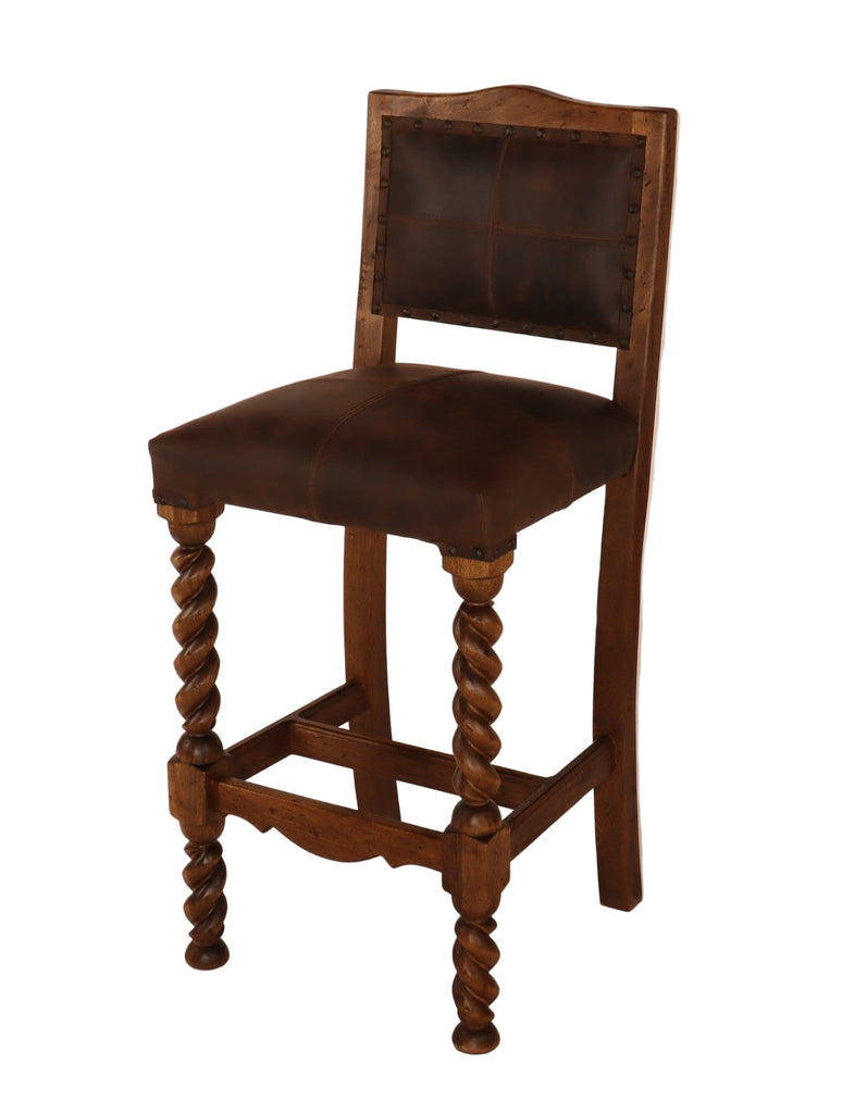 Wooden bar stool with twisted legs leather on seat and seatback on a white background