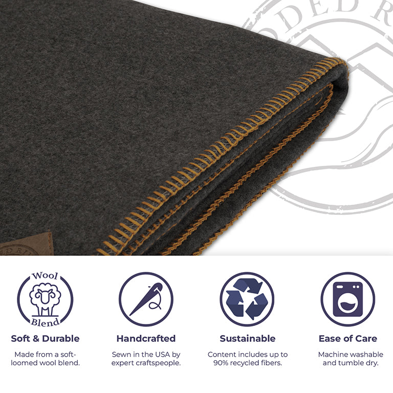 Dark gray fabric with brown stitching on a white background, featuring sustainability and care instructions.