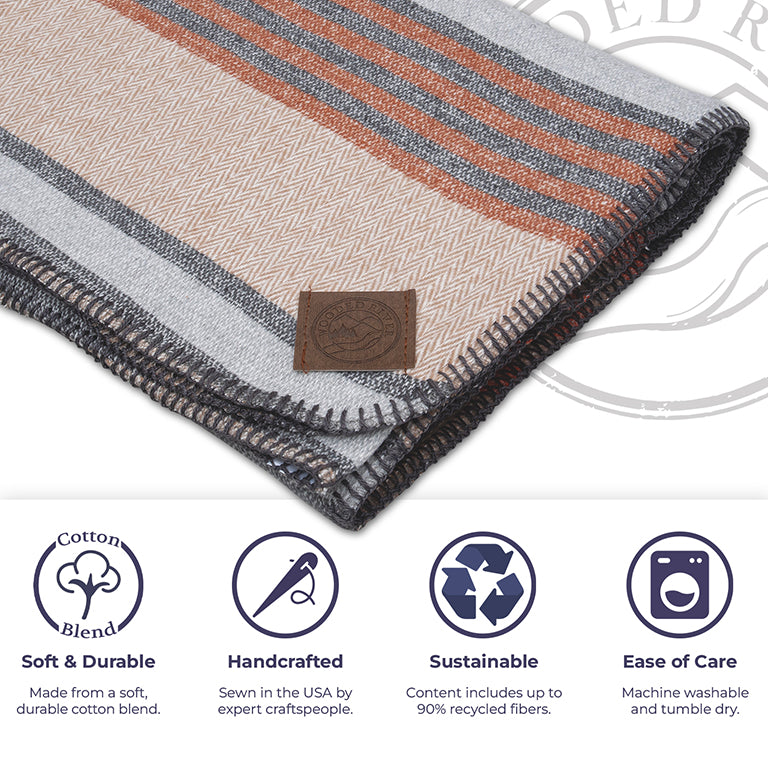 Folded blanket with a brand logo on a white background, featuring sustainability and care instructions.