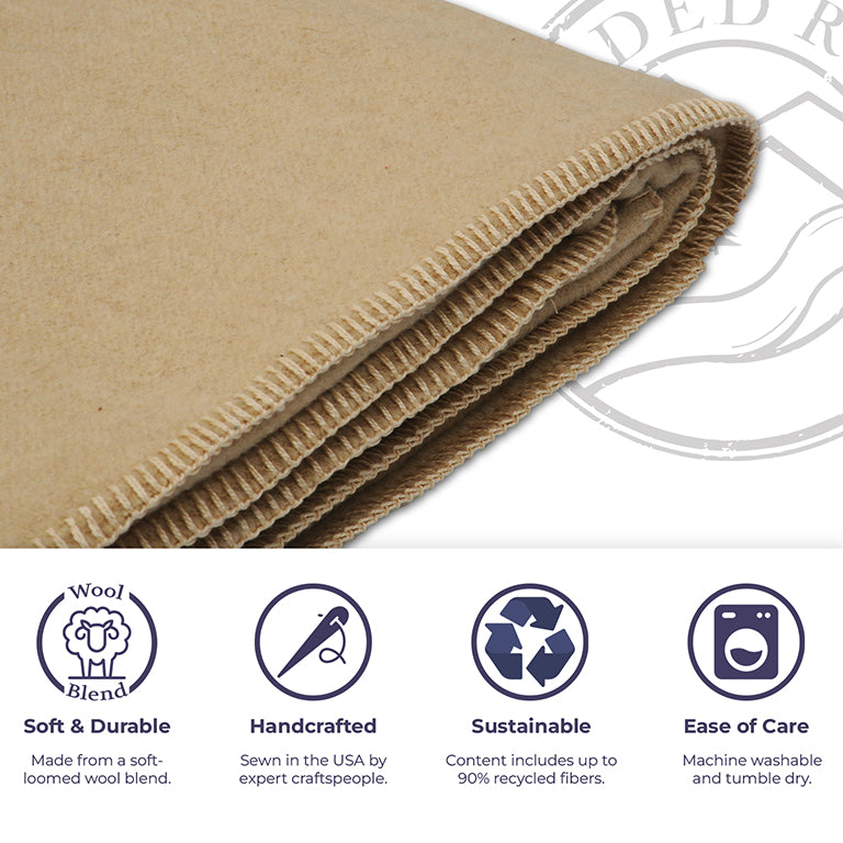 Beige blanket with product features and icons on a white background