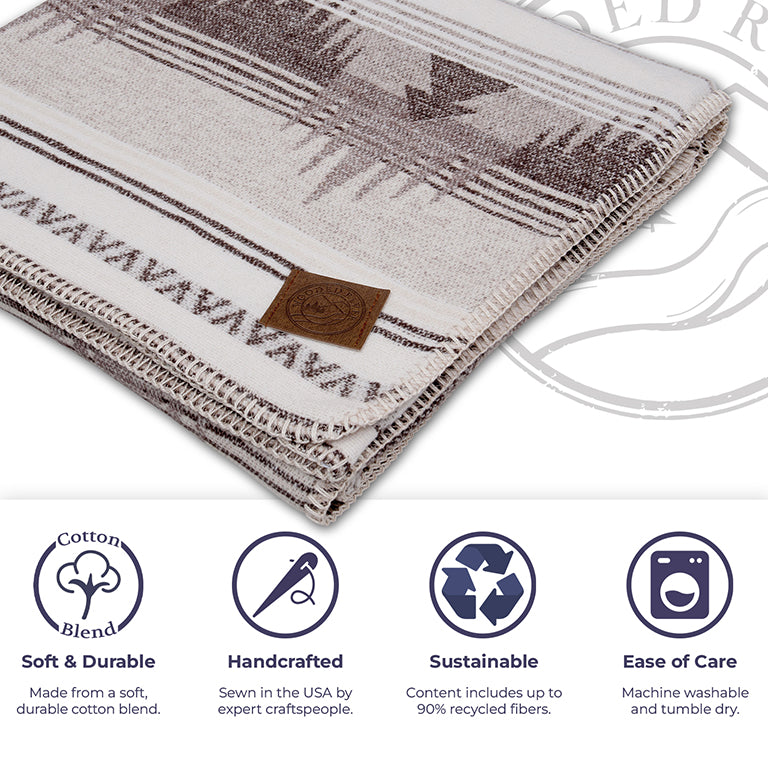 Folded blanket with brand logo and sustainability features on a white background