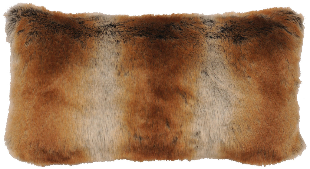 Fur pillow with brown and beige pattern on a white background