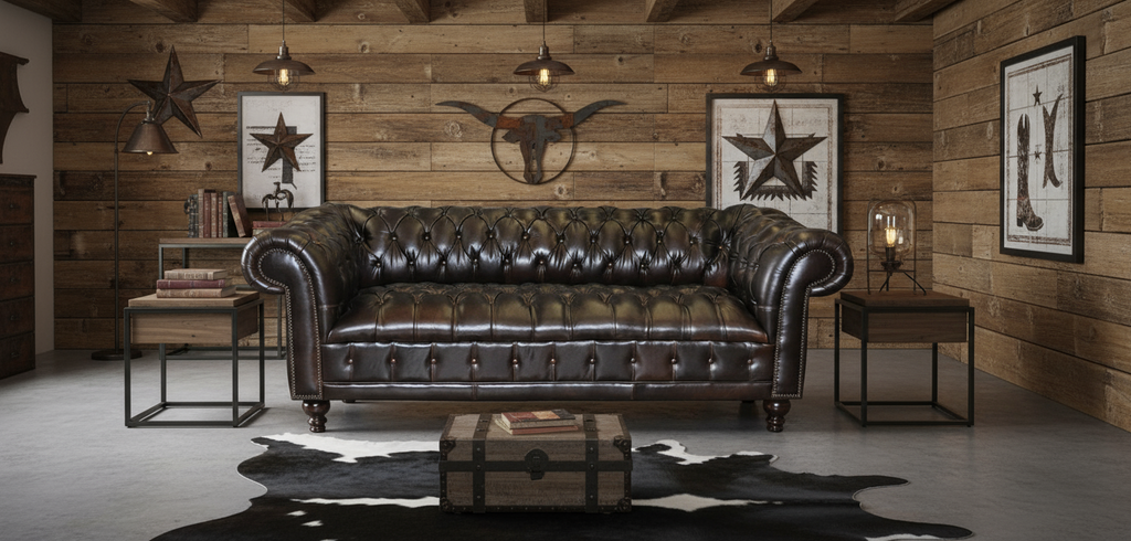 Brown leather sofa in a rustic room with wooden walls and decor.