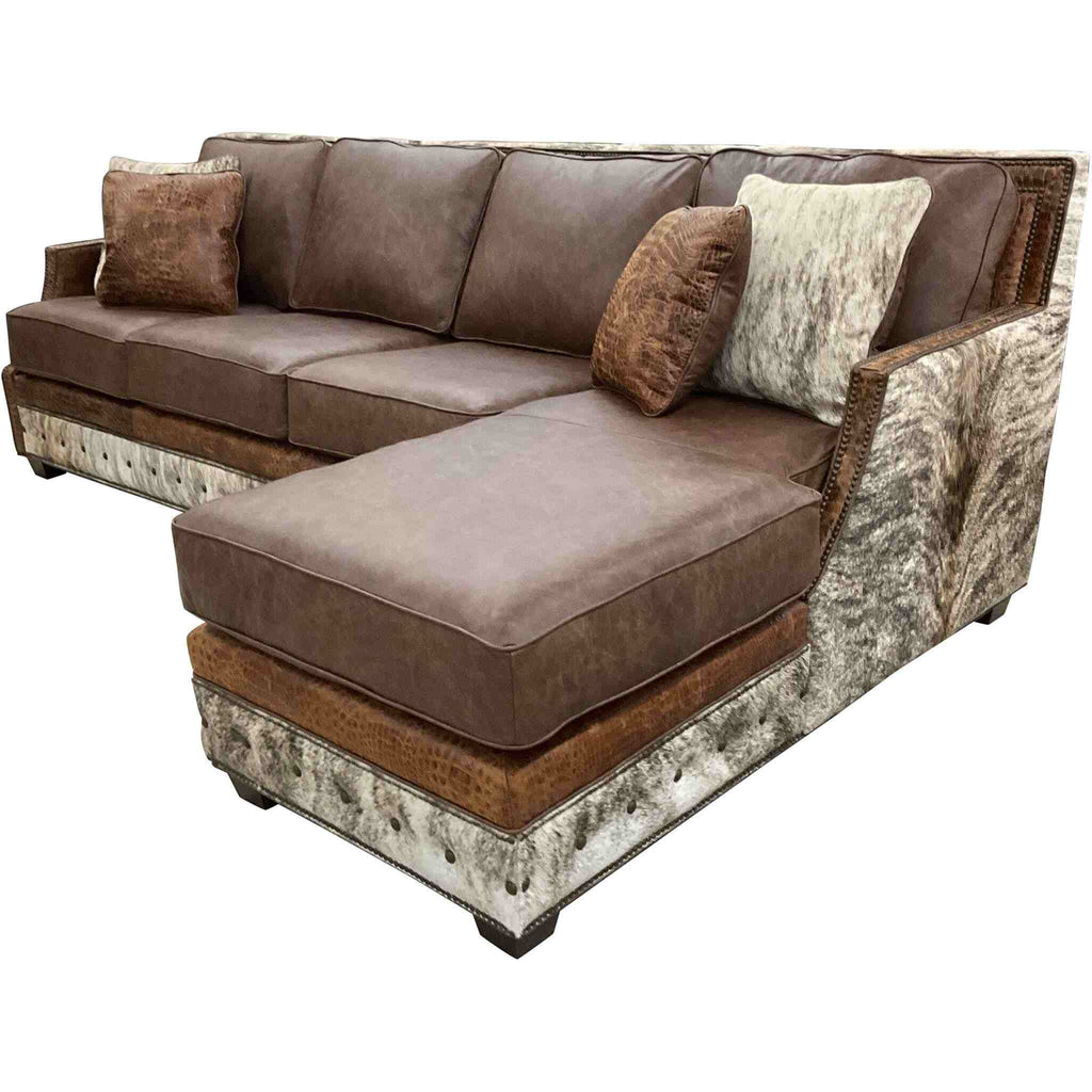 Side profile of the Aberdeen Cafe Modular Sofa, highlighting the sleek lines and the integration of the brindle cowhide accent.