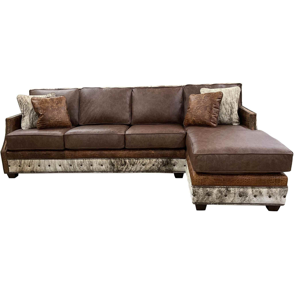 Front view of the Aberdeen Cafe Modular Sofa, showcasing its Palio Cafe leather upholstery and light exotic brindle cowhide wrap.