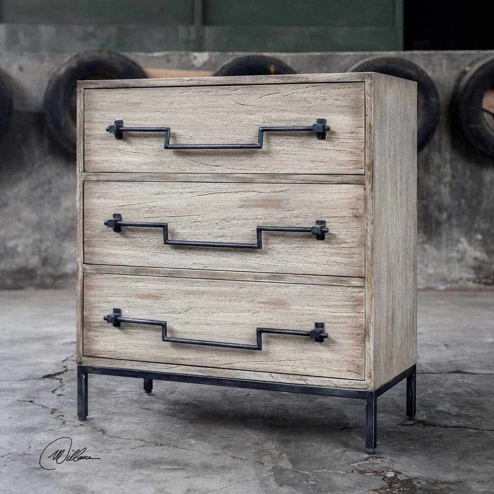 Aged ivory accent chest offering ample storage space with a stylish, distressed finish and elegant handles for a chic home accessory.