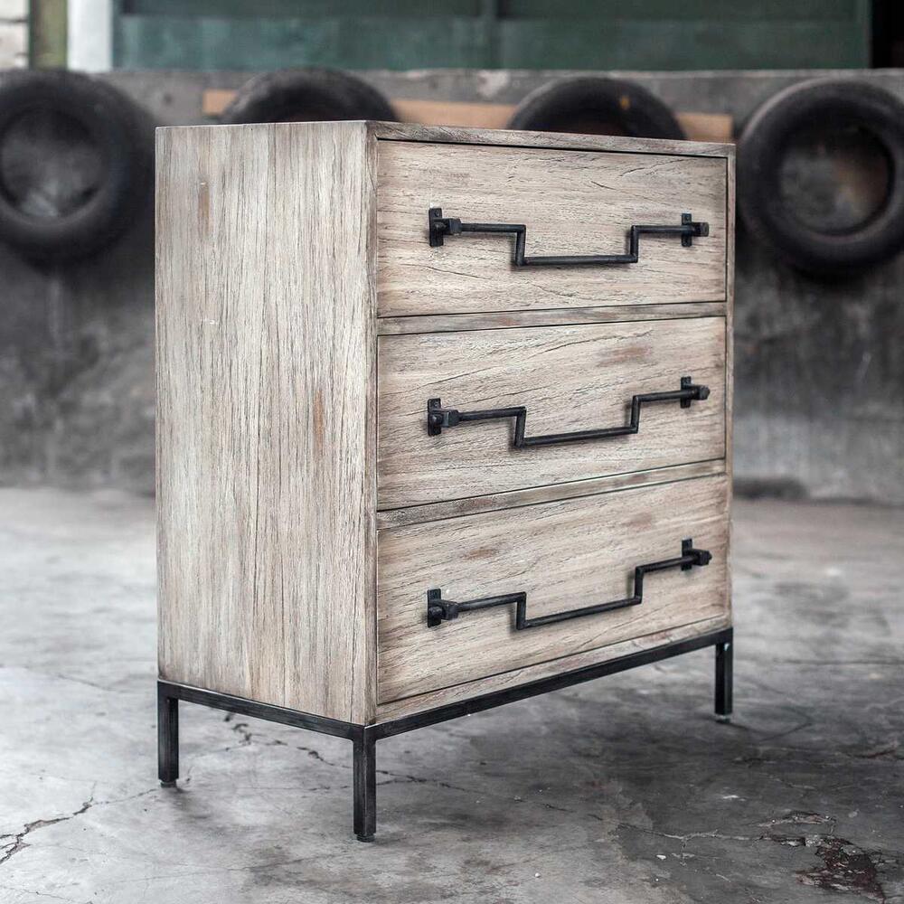Sophisticated aged ivory chest with elegant curved edges and ample storage space, blending style and functionality for your home décor.
