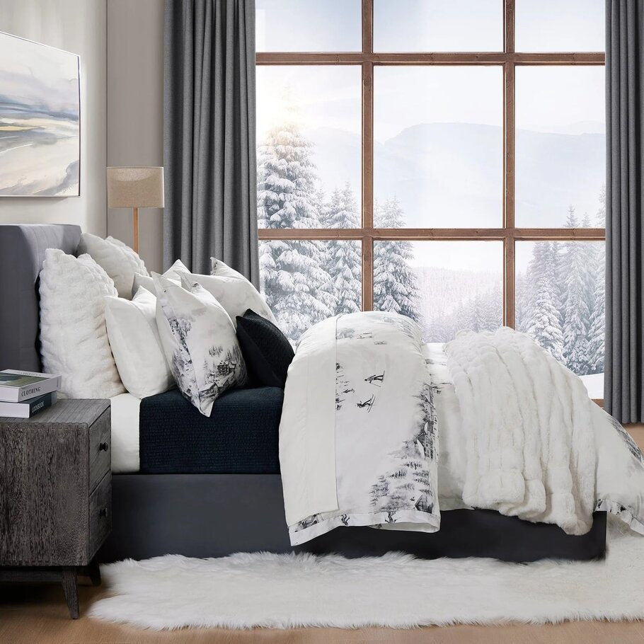 Alpine Lyocell Bedding Set displayed in a modern-rustic bedroom setting, paired with wooden furnishings and cozy accents, creating a warm and inviting alpine retreat.