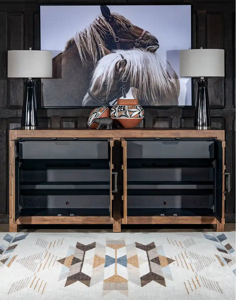 The Amarillo Buffet with its drawers and cabinet doors open, displaying ample storage space and functional design for a variety of uses.