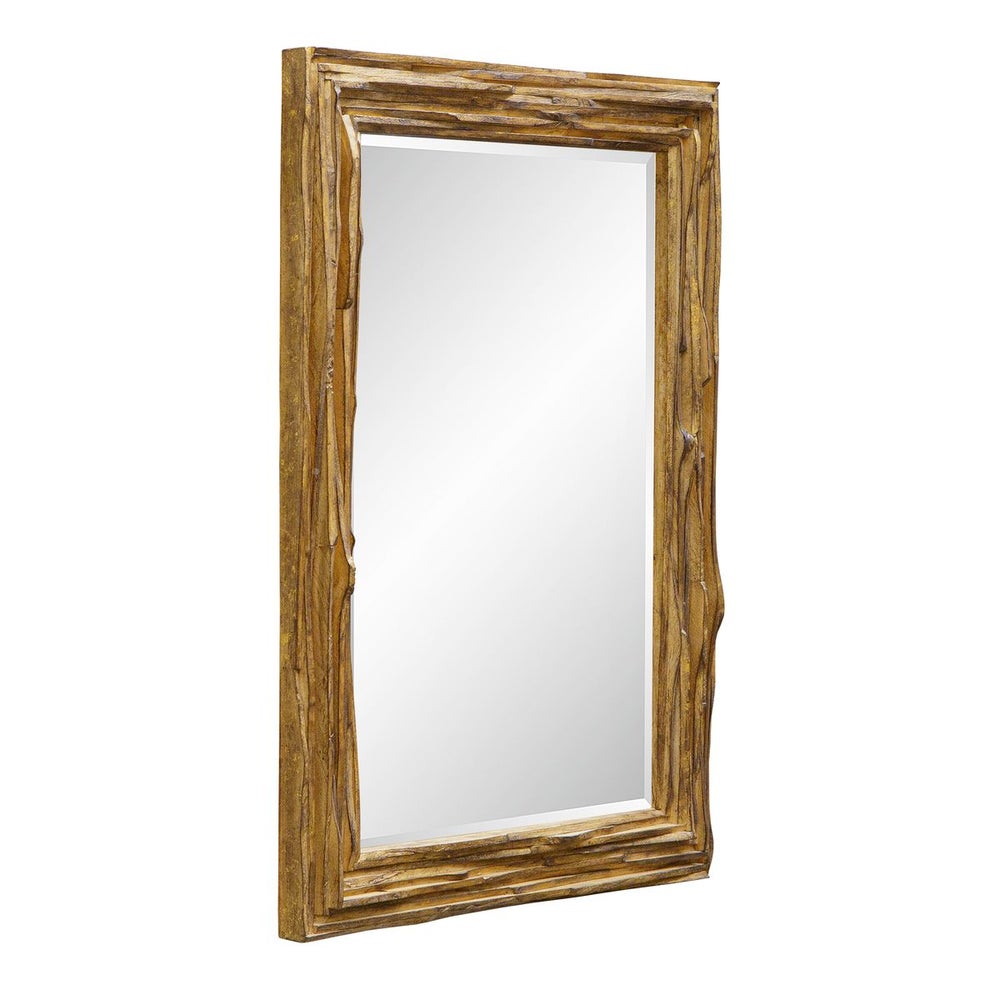 raw layers of curved teackwood finished in distressed antique gold mirror frame shown on white background at an angle