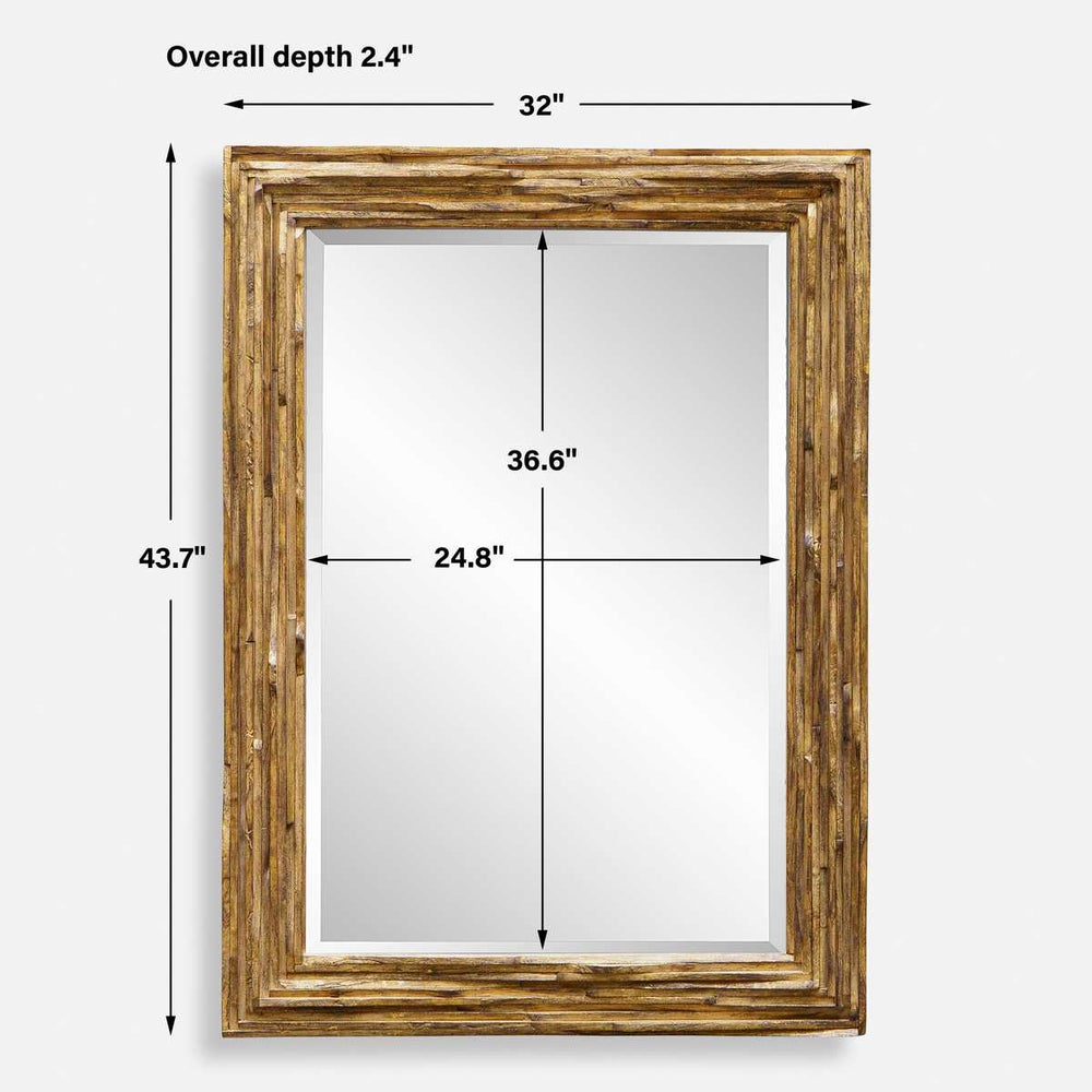 raw layers of curved teackwood finished in distressed antique gold mirror frame shown with mirror measurements and overall frame measurements
