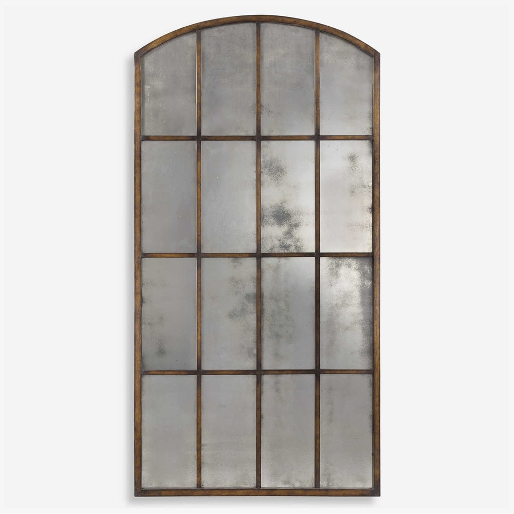 Distressed bronze arched wall mirror with a grid-style panel design, adding a vintage-inspired touch to any space.