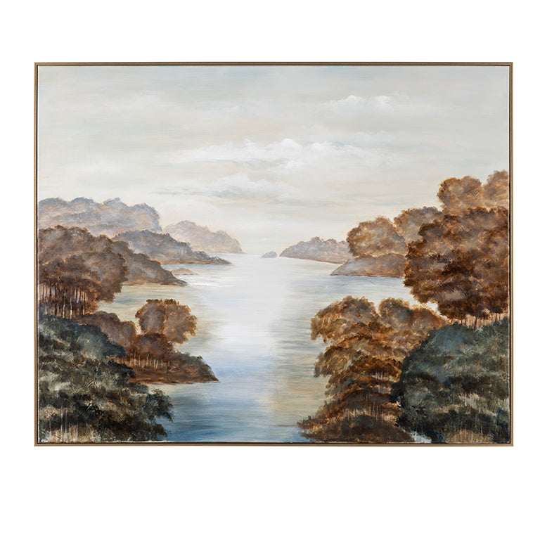 Framed artwork of a landscape with trees and water on a white background