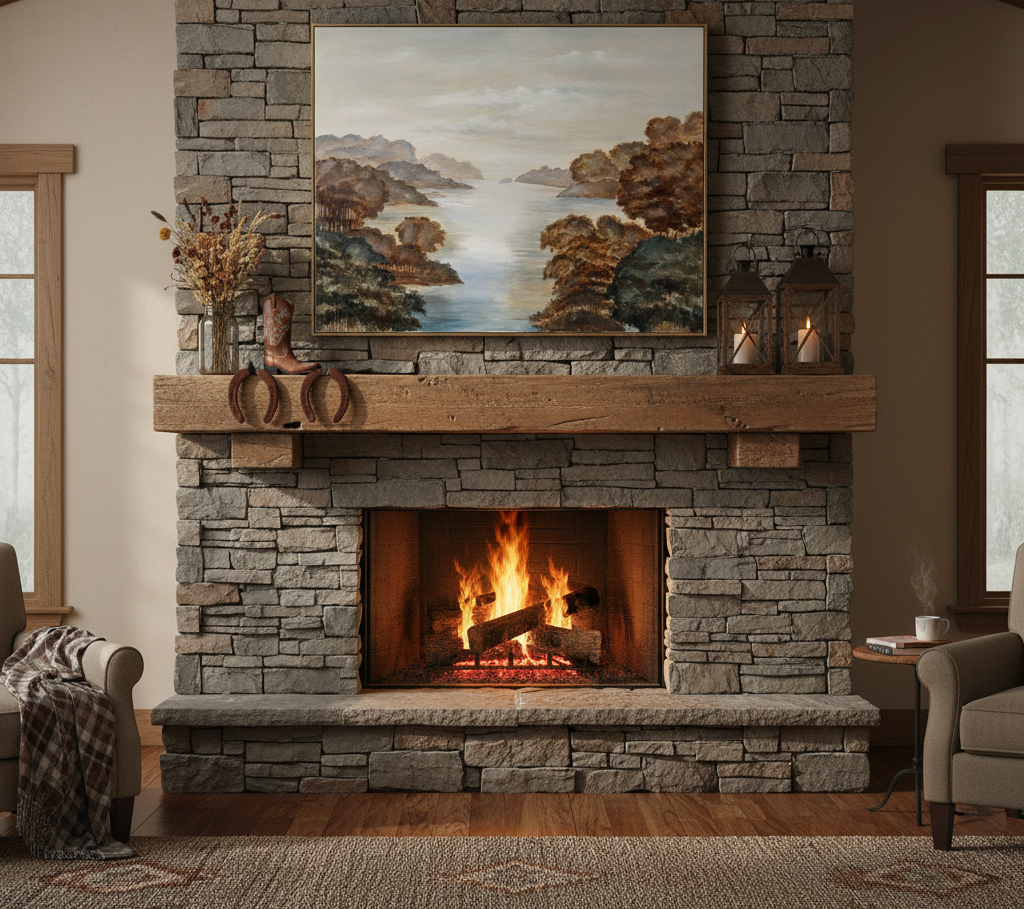 Stone fireplace with a painting above it in a cozy living room.