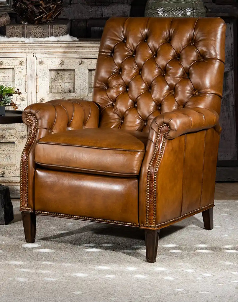 Atlanta Leather Recliner showcasing its tan-colored leather upholstery and deep button-tufted backrest.