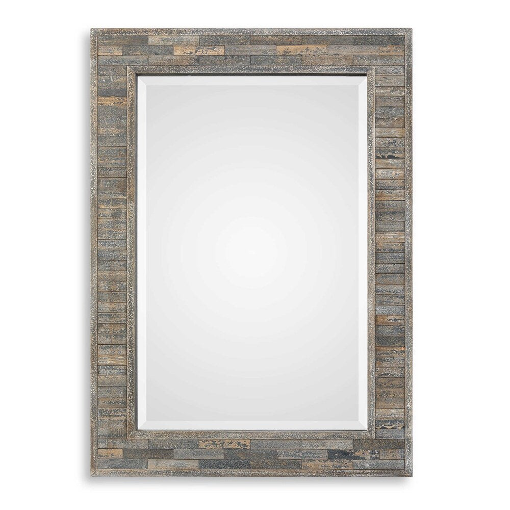 Close-up of the Austin Mirror’s weathered pine strips with earthy tones and hand-applied dark slate finish.