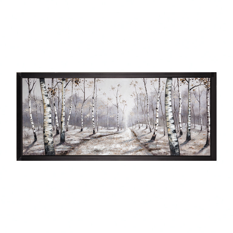 Framed artwork of a birch forest with a black frame on a white background