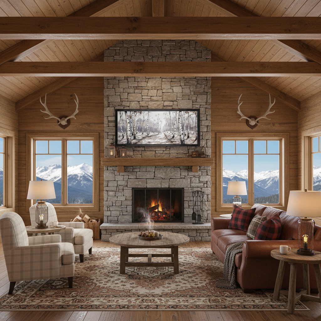 Cozy living room with stone fireplace, wooden beams, and mountain views.