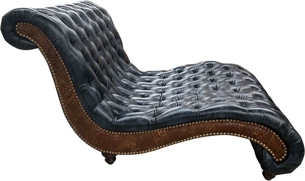 Side view of the Baltimore Double Chaise Lounge showcasing its hand-tufted backrest and premium Brindisi Adriatic leather upholstery. Embossed brown gator leather and nailhead trim are added to each side of the lounge.