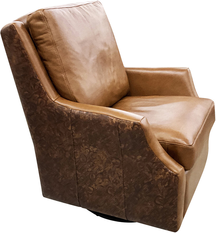 Angled side perspective of the Bedford Swivel Glider, highlighting the Moccasin embossed leather accents and semi-attached back cushion.