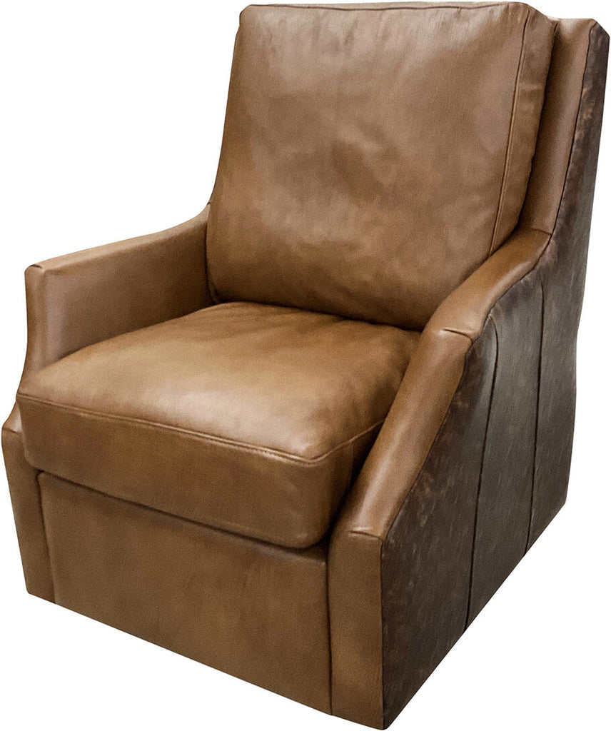 Bedford Swivel Glider showcasing its Estee Almond leather upholstery and sleek design.
