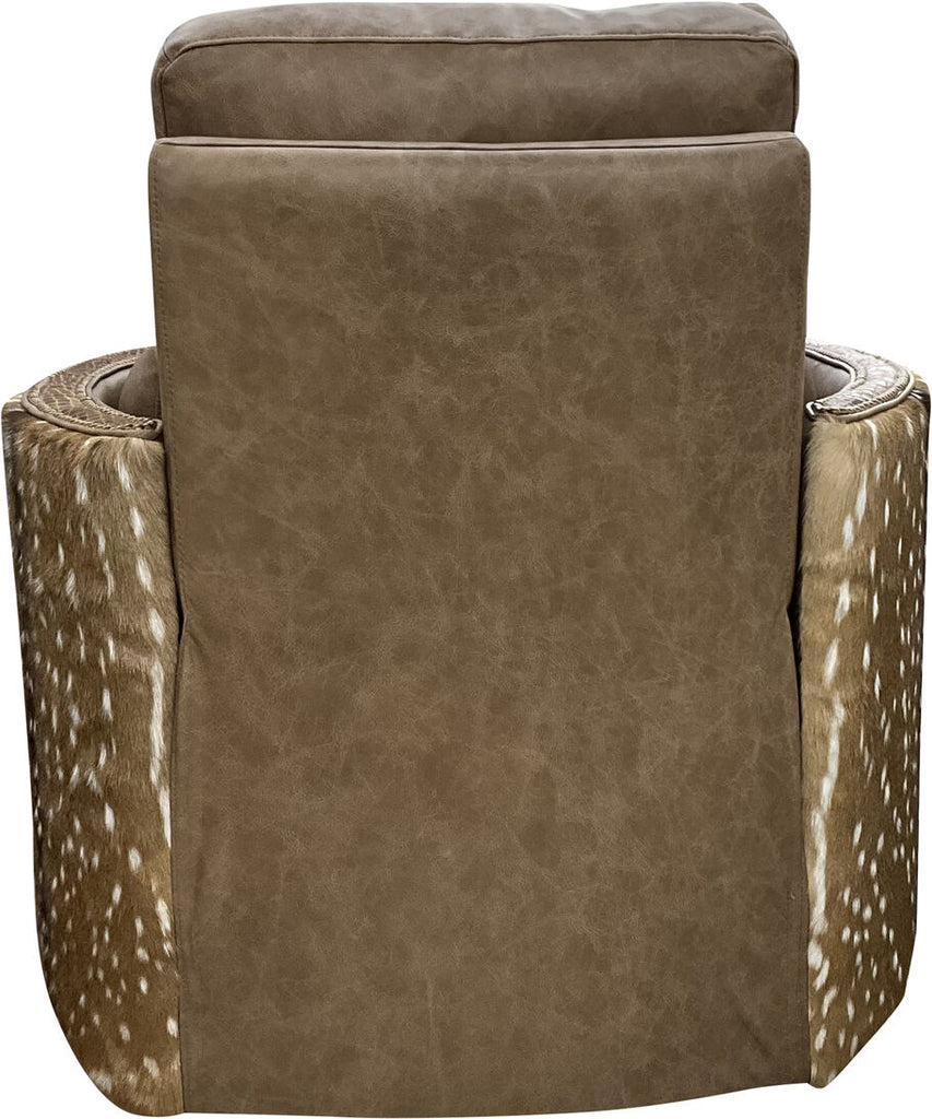 A rear view of the Beige Axis Swivel Recliner, featuring the exotic Axis Deer hide wrapping and smooth, high-quality Palio Camel leather for a refined, sophisticated look.