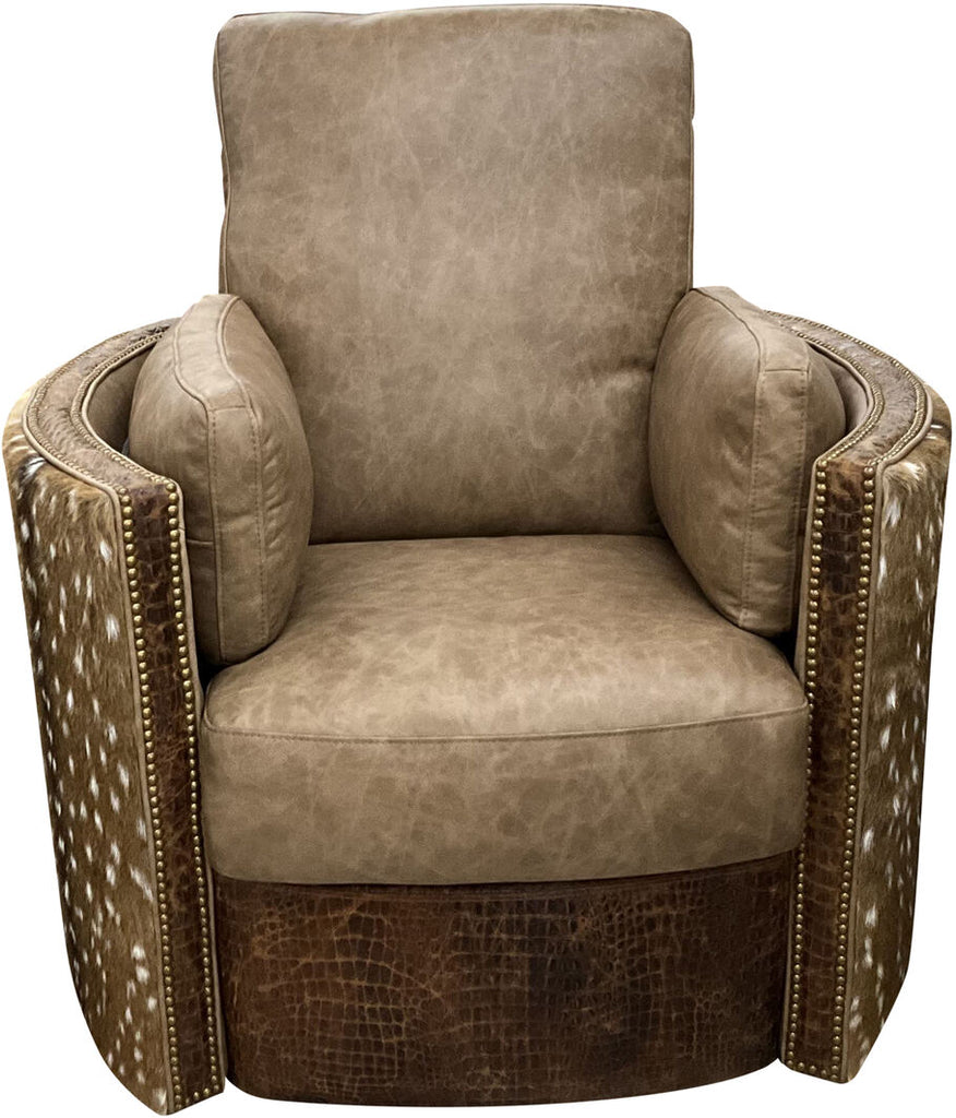 A front view of the Beige Axis Swivel Recliner, showcasing its Palio Camel leather upholstery, Gator Hornback Rustic Cognac accents, and genuine Axis Deer hide on the outside arms.