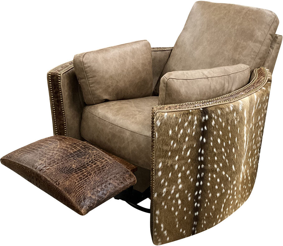 The Beige Axis Swivel Recliner in a fully reclined position, demonstrating its smooth reclining mechanism and ultimate comfort for relaxation.