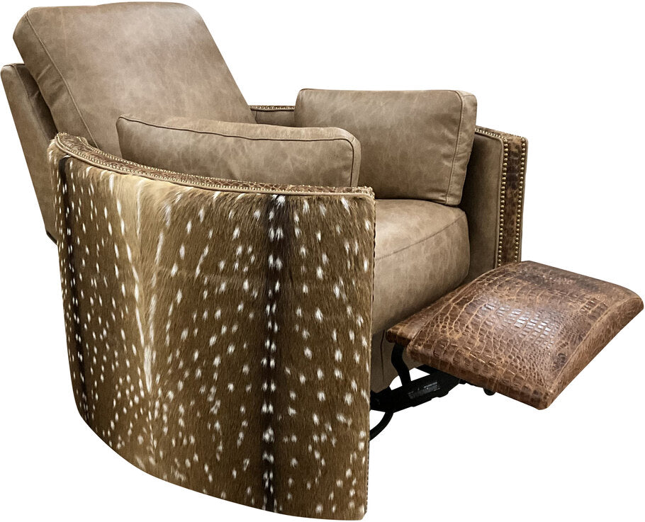 A side profile of the Beige Axis Swivel Recliner, displaying the intricate details of the Axis Deer hide-wrapped arms and the beautifully contrasted leather accents.